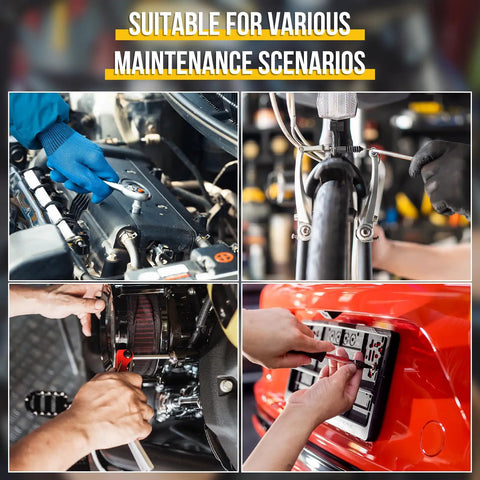 Various maintenance scenarios using tools on a vehicle engine, bicycle, and license plate installation.