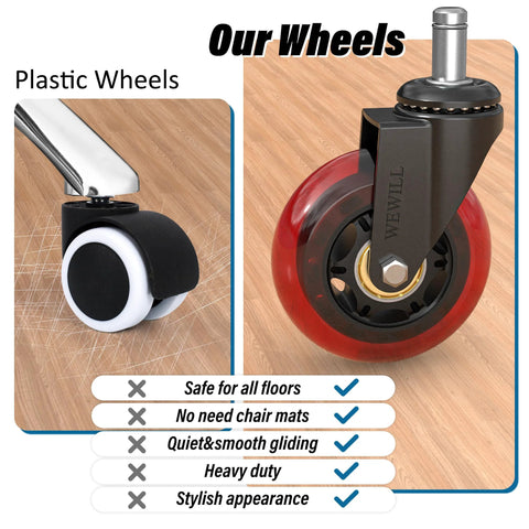 Comparison of plastic wheel and Office Chair Wheels Set Of 5 - 3 Inch Rubber Casters Replacement Universal Fit, shown on hardwood.