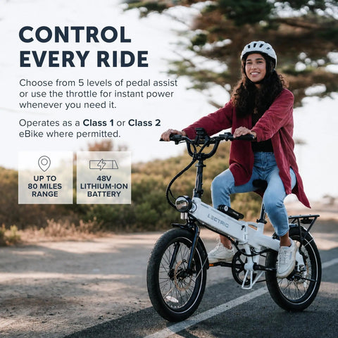 Adult riding XP Lite2 Folding Electric Bike For Adults, Arctic White, on a trail with LCD display and 48V battery visible