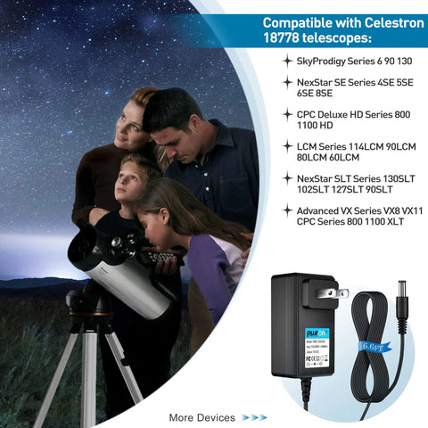 12V Power Adapter Replacement For Celestron NexStar Telescopes And Mounts 18778 shown with telescope and family viewing stars.