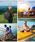 Collage featuring 20L Waterproof Dry Bag Backpack With Roll Top Closure, Waist Pouch And Phone Case in various outdoor activities like hiking and kayaking.