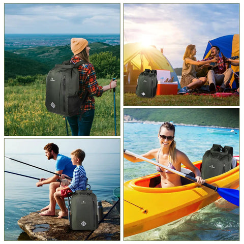 Collage featuring 20L Waterproof Dry Bag Backpack With Roll Top Closure, Waist Pouch And Phone Case in various outdoor activities like hiking and kayaking.