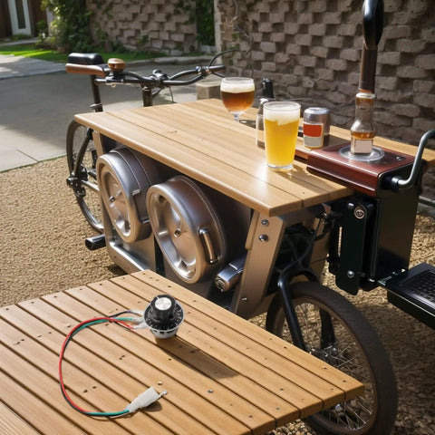 Potentiometer Throttle Button Rotary Knob Accelerator For Electric Cart And Beer Bike, shown near bike with wooden shelves