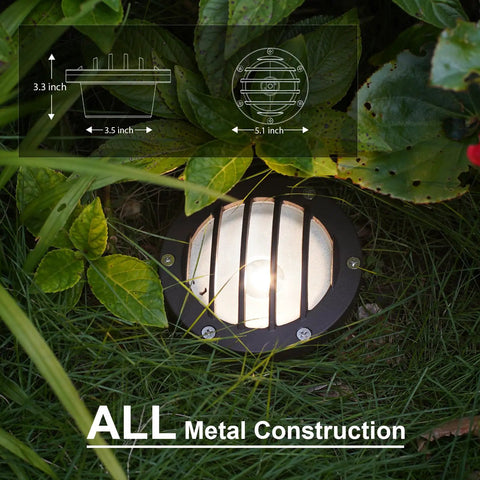 Low Voltage LED Well Lights Set 4W 12V 200 Lumens In Ground Deck Step Garden Lighting 2800K Warm White in grass with dimensions