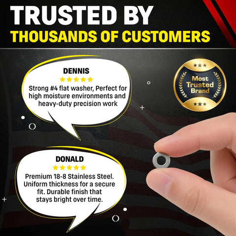 Dang Tough Number Four Stainless Flat Washers Crafted From Top Shelf Eighteen Eight Alloy For Flawless Corrosion Defense and Rock Solid Grip on Every Weekend Building Project, held in hand.