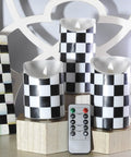 Flickering Flameless LED Battery Candles Set Of Three With Remote Control Unscented Black And White Checkered Pillars