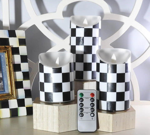 Flickering Flameless LED Battery Candles Set Of Three With Remote Control Unscented Black And White Checkered Pillars