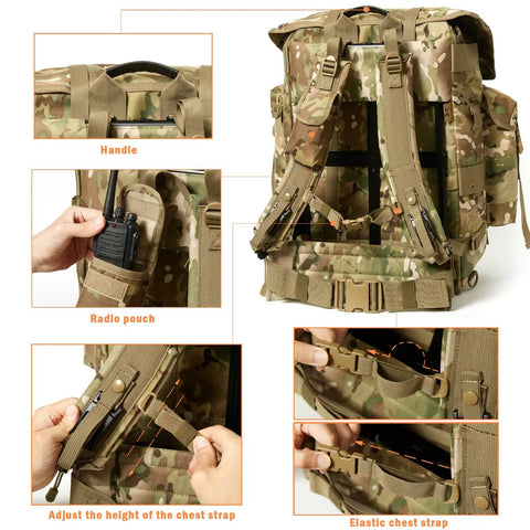 Beefed Up Military Alice Pack Rucksack Backpack For Survival 50 Liter Tactical Gear With 1000D Waterproof Oxford Fabric Over 50 Lb Load 3 Front Pockets And 2 Side Pockets Durable Combat Ready Bag with radio pouch and chest strap adjustments