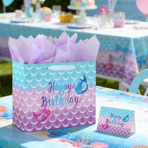 Mermaid Themed Birthday Gift Bag Set For Kids With Tissue Paper And Greeting Card 13 Inch Large Gift Bag With Handle