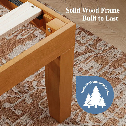 Built Tough Queen Size Platform Bed Frame In Real Natural Pine Wood With Thick Wooden Slats For Zero Wobble Support Never Requires A Box Spring And Flawless Setup For Your Bedroom Space, close-up of solid wood frame.