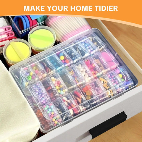 Large Bead Organizer Box with Thirty One Mini Clear Storage Compartments in drawer with craft supplies