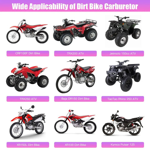 Wide applicability of Beefed Up PZ27 Carburetor Kit Throttle Assembly Replacement For Predator 212cc on various dirt bikes and ATVs.