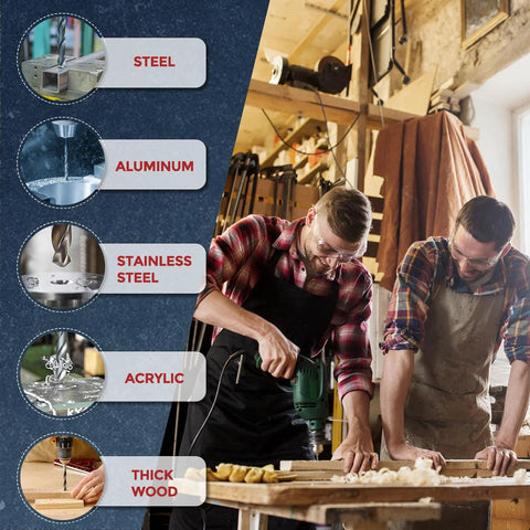 Kozelo drill bit set; two woodworkers drill wood in a workshop, left panel shows material labels.