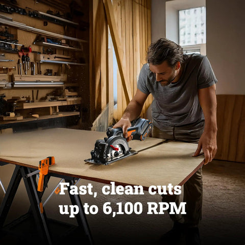 20V Brushless Cordless Circular Saw With 4.5 Inch Blade For Clean Wood Cutting And Fast Home Renovation Heavy duty power tool making precise cuts on plywood.