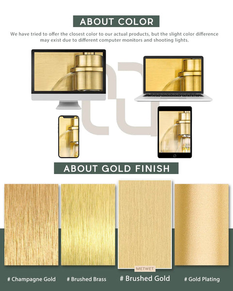 Comparison of champagne gold, brushed brass, brushed gold, gold plating finishes with screen color variations.
