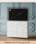 Seven Drawer Dresser And TV Stand With Wood Top, Fabric Storage Tower, White, Sturdy Steel Frame, Easy Pull Handles