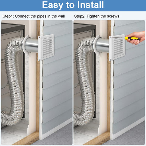 12 Pack 4 Inch Louvered Vent Covers For Exterior Vents With Built In Fly Screen Mesh And 4 Screws Easy Installation Stops Birds Nesting For Dryer Exhaust Bathroom Kitchen Office Home showcasing installation steps on exterior wall.