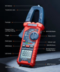 Handy Digital Clamp Meter Multimeter Auto Ranging 4000 Counts with labeled features, red and blue design on a dark background