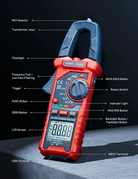 Handy Digital Clamp Meter Multimeter Auto Ranging 4000 Counts with labeled features, red and blue design on a dark background