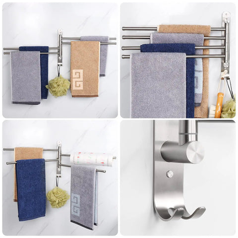 Swivel Towel Rack With 4 Arm Design, 13.8 Inch 304 Stainless Steel Wall Mounted Towel Holder, space-saving with hooks.