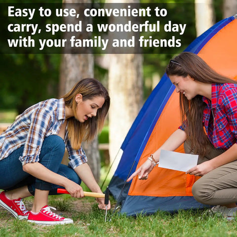 Two women securing a tent with Heavy Duty Aluminum Tent Stakes 20 Pack 7 Inch Ground Stakes With Hooks For Camping Tents Canopies Gardens.