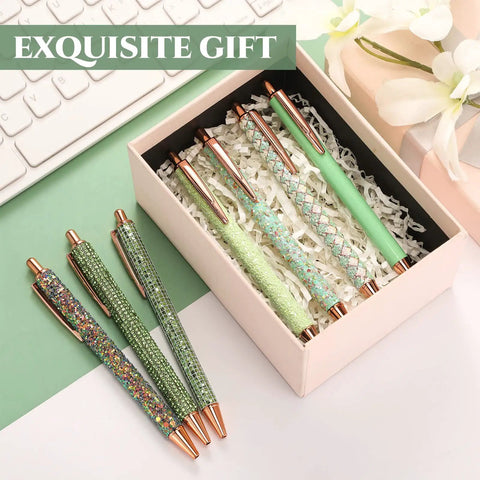 Seven Glitter Pens Set For Women With Ten Black Ink Refills Cute Sparkly Ballpoint Pens In Seven Designs, gift box view