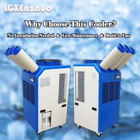 Heavy Duty Portable Air Conditioner 220V Industrial Cooling Unit 22178 Btu with triple flexible ducts and 14L water tank.
