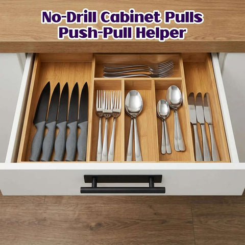 Open drawer with cutlery and Six Pack Black ABS Plastic Peel And Stick Cabinet Handles No Drill Installation