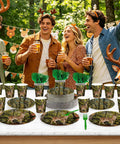 Deer Hunting Party Tableware Set For Men And Women, 250 Pieces Camouflage Forest Theme Serves 50 Guests displayed on table