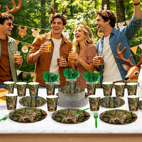 Deer Hunting Party Tableware Set For Men And Women, 250 Pieces Camouflage Forest Theme Serves 50 Guests displayed on table