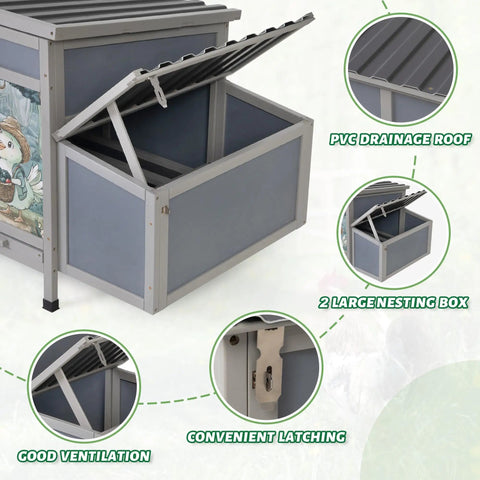 Wooden Chicken Coop With Nesting Boxes And Roosting Bars 59 Inches Large Outdoor Poultry Hutch detail showing nesting box and ventilation