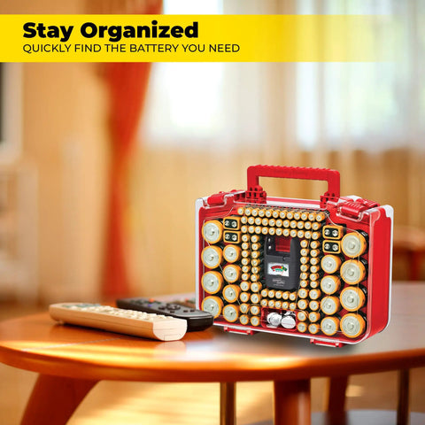 Smart Battery Organizer Case With Tester Double Sided Battery Daddy Style Storage holds 150 batteries, shown on table