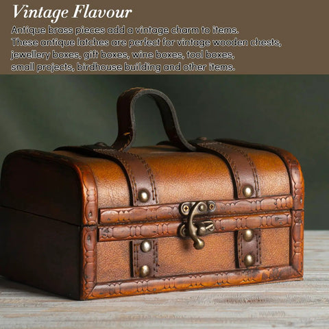 Antique wooden chest with vintage latch showcasing antique bronze mini hinges and latches set.