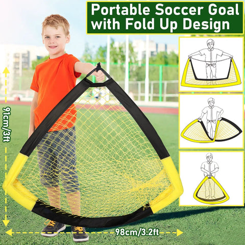 Child holding a folded Portable Soccer Goal Set 7x5 Ft Plus 5x3 Point 6 Ft For Youth Practice, illustrating compact storage.
