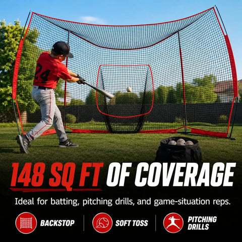Portable Baseball Backstop Net With Batting Tee And Ball Caddy Collapsible Softball Batting Cage for pitching and hitting outdoors.