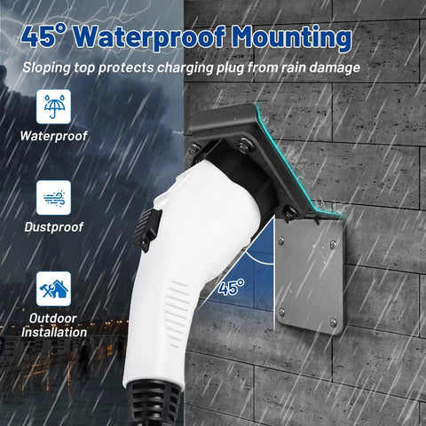 Kickass Ev Charger Holder For Sae J1772 Wall Mount with 45° angle for waterproof outdoor installation.
