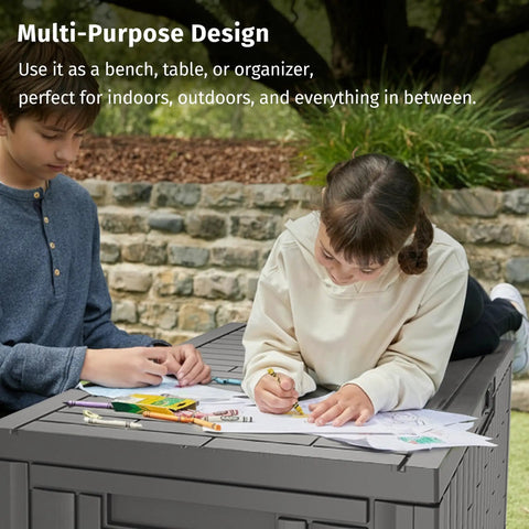 Children drawing on 120 Gallon Outdoor Storage Box For Patio And Backyard Heavy Duty Resin Deck Box Built To Last With Reinforced Steel