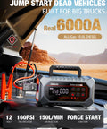 A7 Jump Starter With Air Compressor And All In One Power Pack For Cars And SUVs 6000A Peak 160 PSI Tire Inflator displayed on truck engine.
