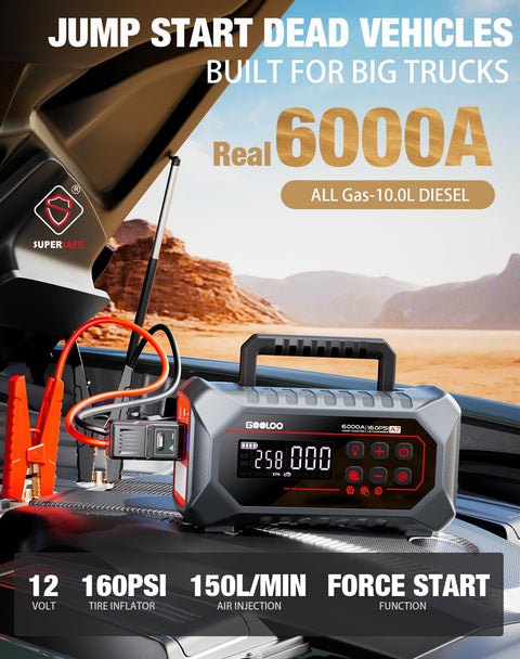 A7 Jump Starter With Air Compressor And All In One Power Pack For Cars And SUVs 6000A Peak 160 PSI Tire Inflator displayed on truck engine.