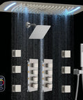 WHSHOWER Brushed Nickel Dual Rain Shower System Bathroom Shower Faucet Set with dual showerheads and LED features.