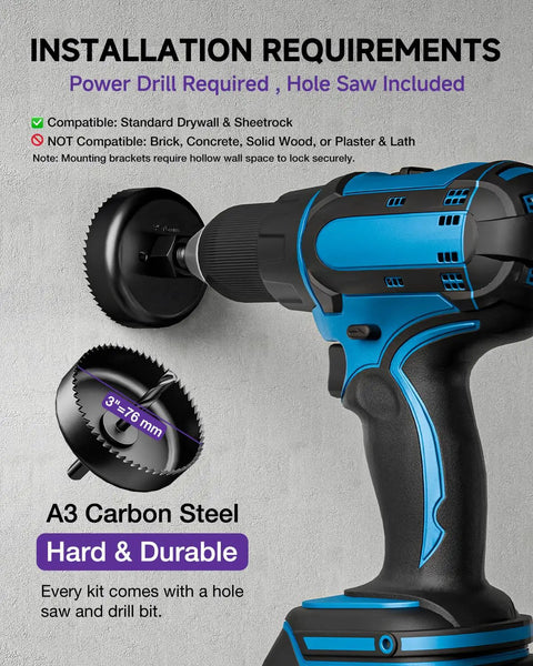 In-Wall Cable Management Kit With Hole Saw Drill Attachment and Mounting Brackets For Concealing TV Cables installation requirements