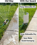 Old and new irrigation setup comparison showing the Skip The Wet Driveway Hassle Solid Hinged Adjustable Sprinkler Guard in use.