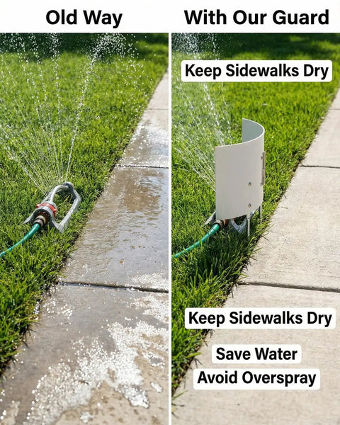 Old and new irrigation setup comparison showing the Skip The Wet Driveway Hassle Solid Hinged Adjustable Sprinkler Guard in use.