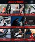 Collage of roadside emergency kit tools including safety hammer, tire plug kit, poncho, flashlight, and warning triangle.