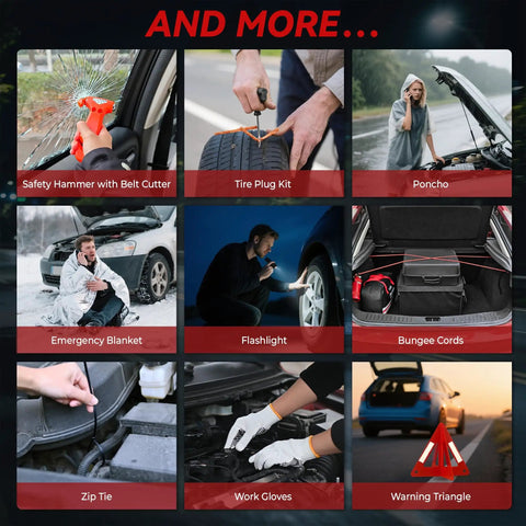 Collage of roadside emergency kit tools including safety hammer, tire plug kit, poncho, flashlight, and warning triangle.