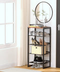 Hella Narrow Five Tier Shoe Rack With Classic Wooden Top Reinforced Steel Mesh holding sneakers in a stylish entryway.