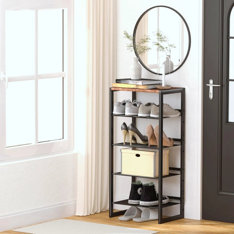 Hella Narrow Five Tier Shoe Rack With Classic Wooden Top Reinforced Steel Mesh holding sneakers in a stylish entryway.