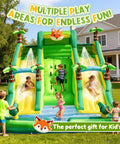 Children playing on 17 Foot Inflatable Water Slide With Built In Pool Climbing Wall And Water Spray Wet And Dry Dual Use Backyard Water Park Gear