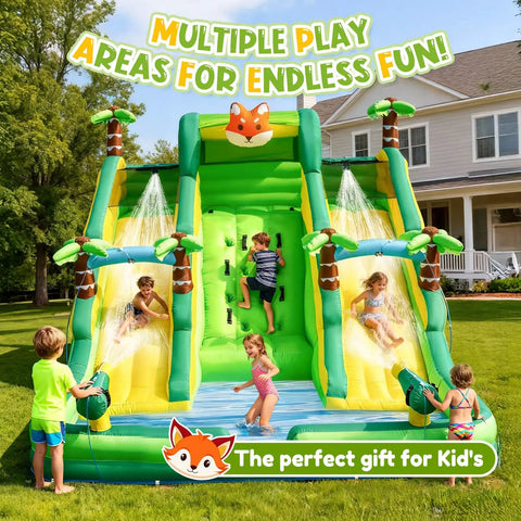 Children playing on 17 Foot Inflatable Water Slide With Built In Pool Climbing Wall And Water Spray Wet And Dry Dual Use Backyard Water Park Gear