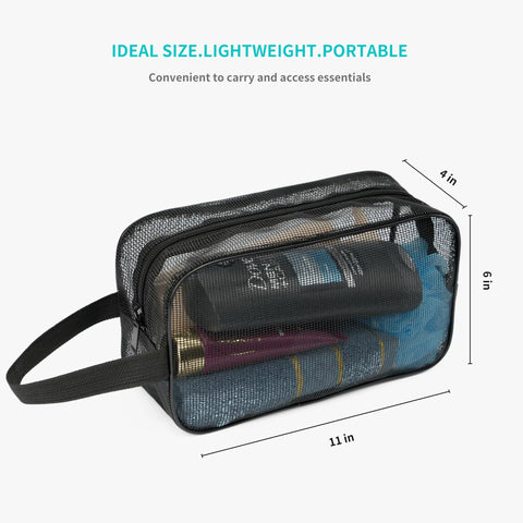 Mesh Shower Caddy Bag For Bathroom, Gym, Camping And Travel showing dimensions, black mesh with toiletry items inside.